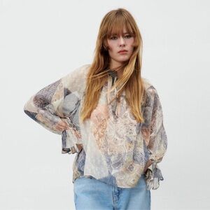 Zara Multicolor SzL Boho Sheer Paisley Blouse Cottagecore Coastal Cowgirl
